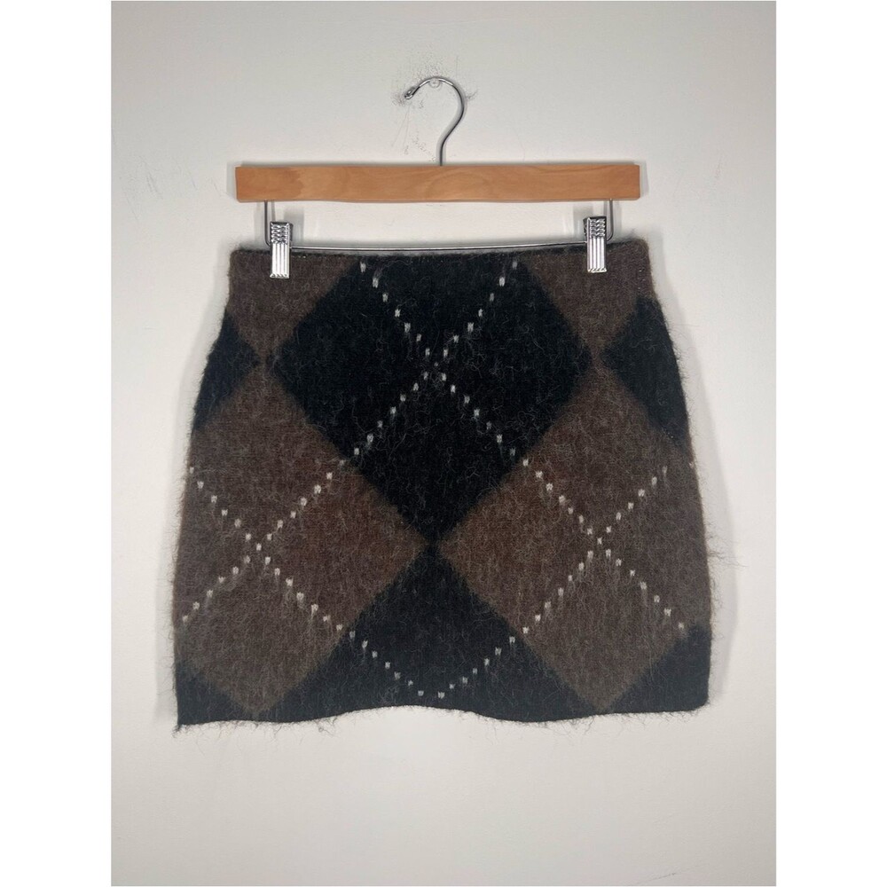 Commense Argyle Wool Blend Mini Skirt Pull On Brown Black Academia Large